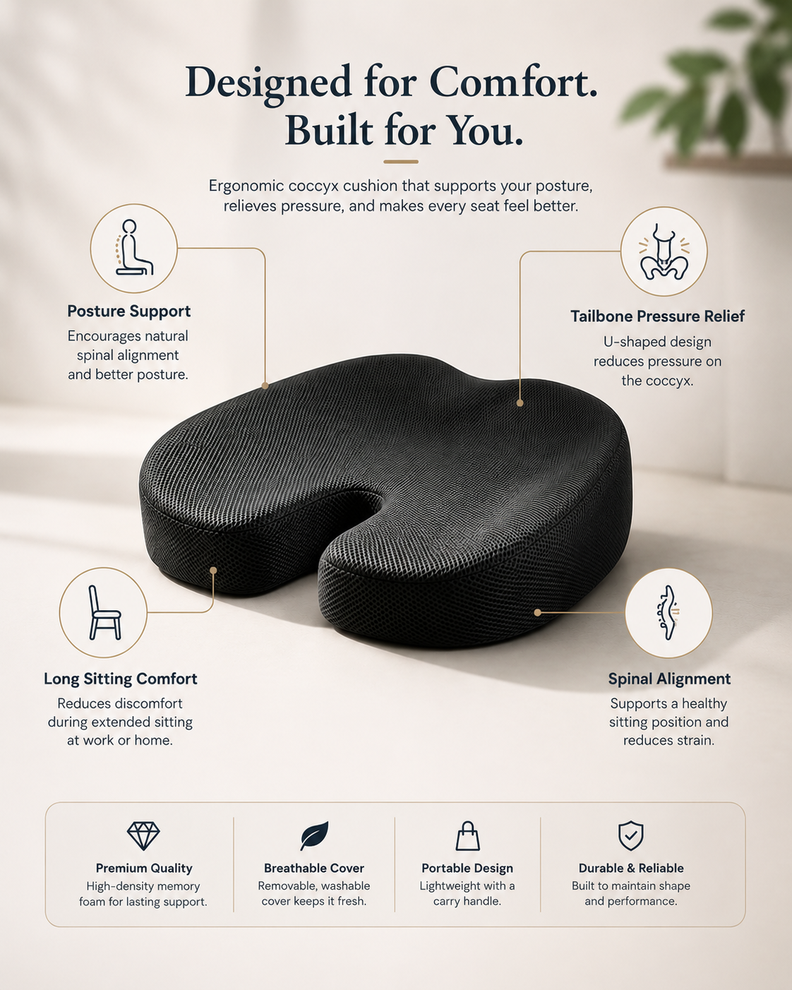 Ergonest Ergonomic Memory Foam Coccyx Seat Cushion | Tailbone Relief & Posture Support