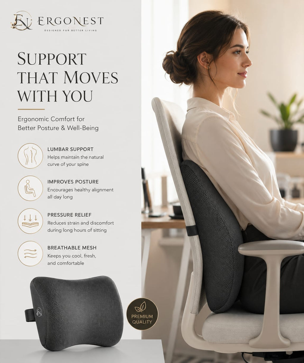 Ergonest™ Premium Memory Foam Lumbar Back Support Cushion for Office Chair, Car Seat & Home | Ergonomic Posture Support & Back Pain Relief